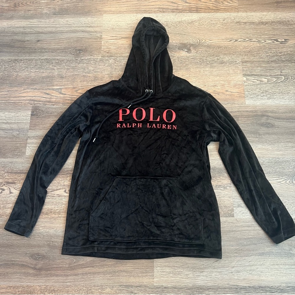 Polo Ralph Lauren Black Velour Hoodie Men’s Medium Pullover Logo Lounge Comfy